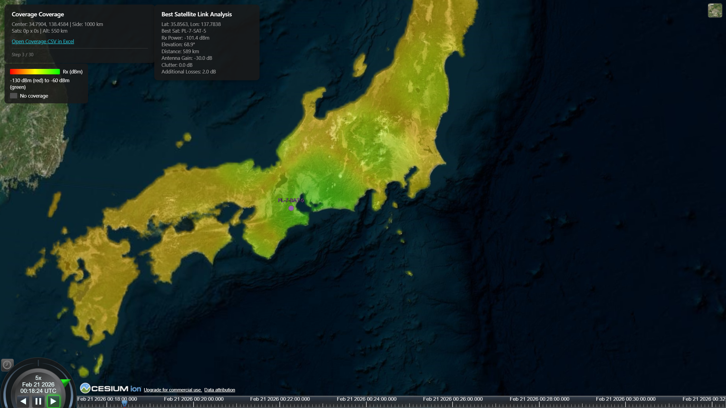 NetSim Astra coverage heatmap on 3D globe